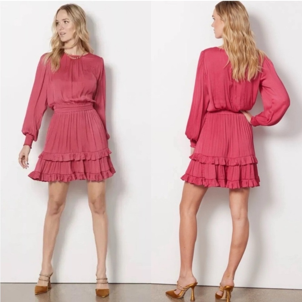 EVEREVE Satin Pleated Long Sleeve Tiered Mini Dress Raspberry Pink‎ Size Small